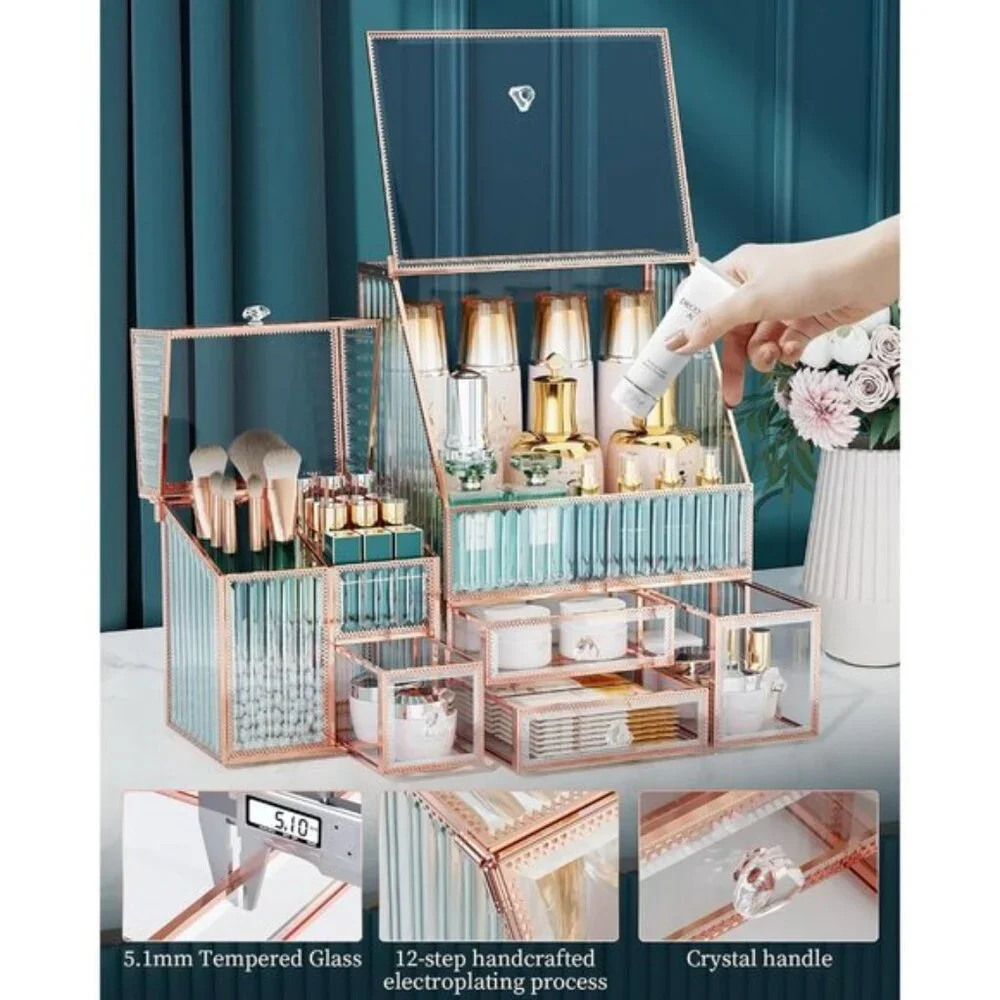 Glass Makeup Organizer, 3-in-1 Vanity Storage for Skincare, Lipstick & Brushes